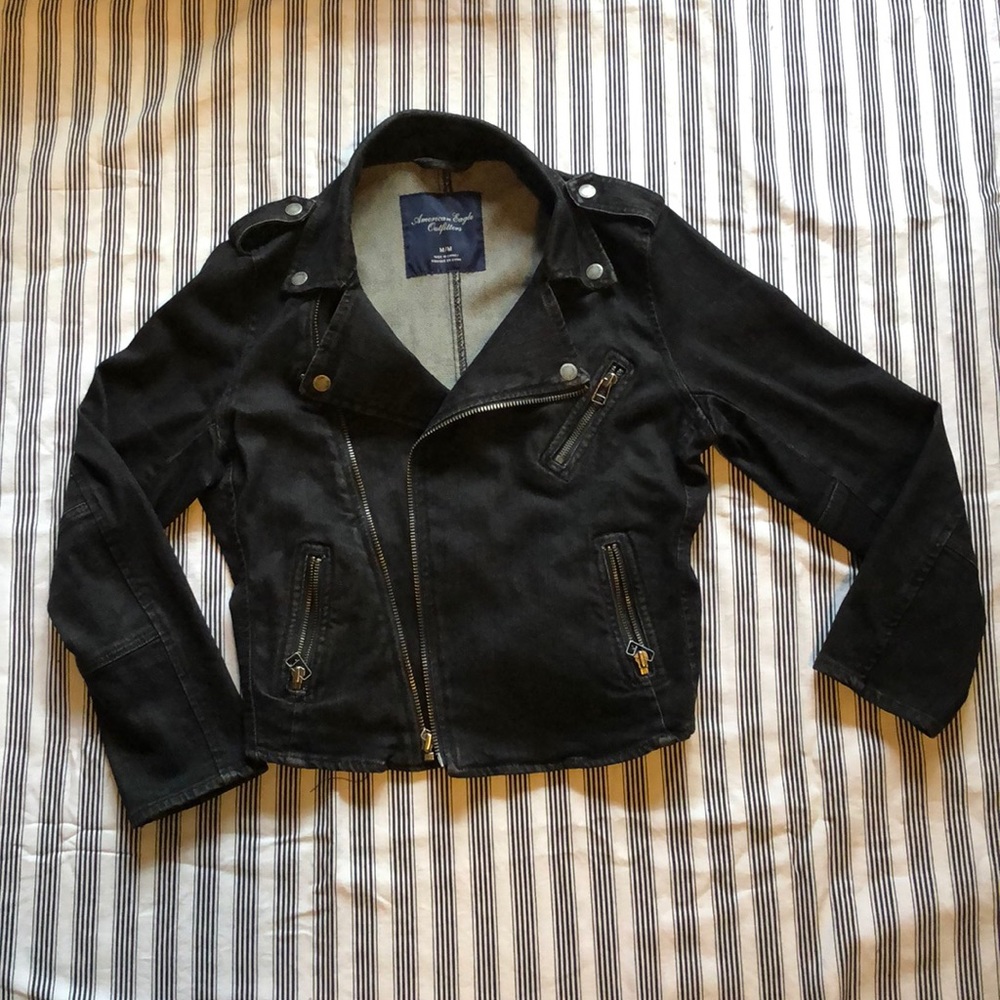 American Eagle black denim moto jacket